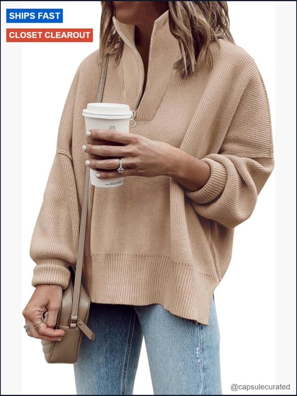 Oversized 1/4 Zip Slouchy Tunic Sweater Long Sleeve Ribbed Knit Pullover with